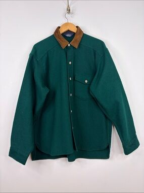 Woolrich Overshirt Mens XL Dark Green Wool Flannel Long Sleeve Elbow Patches